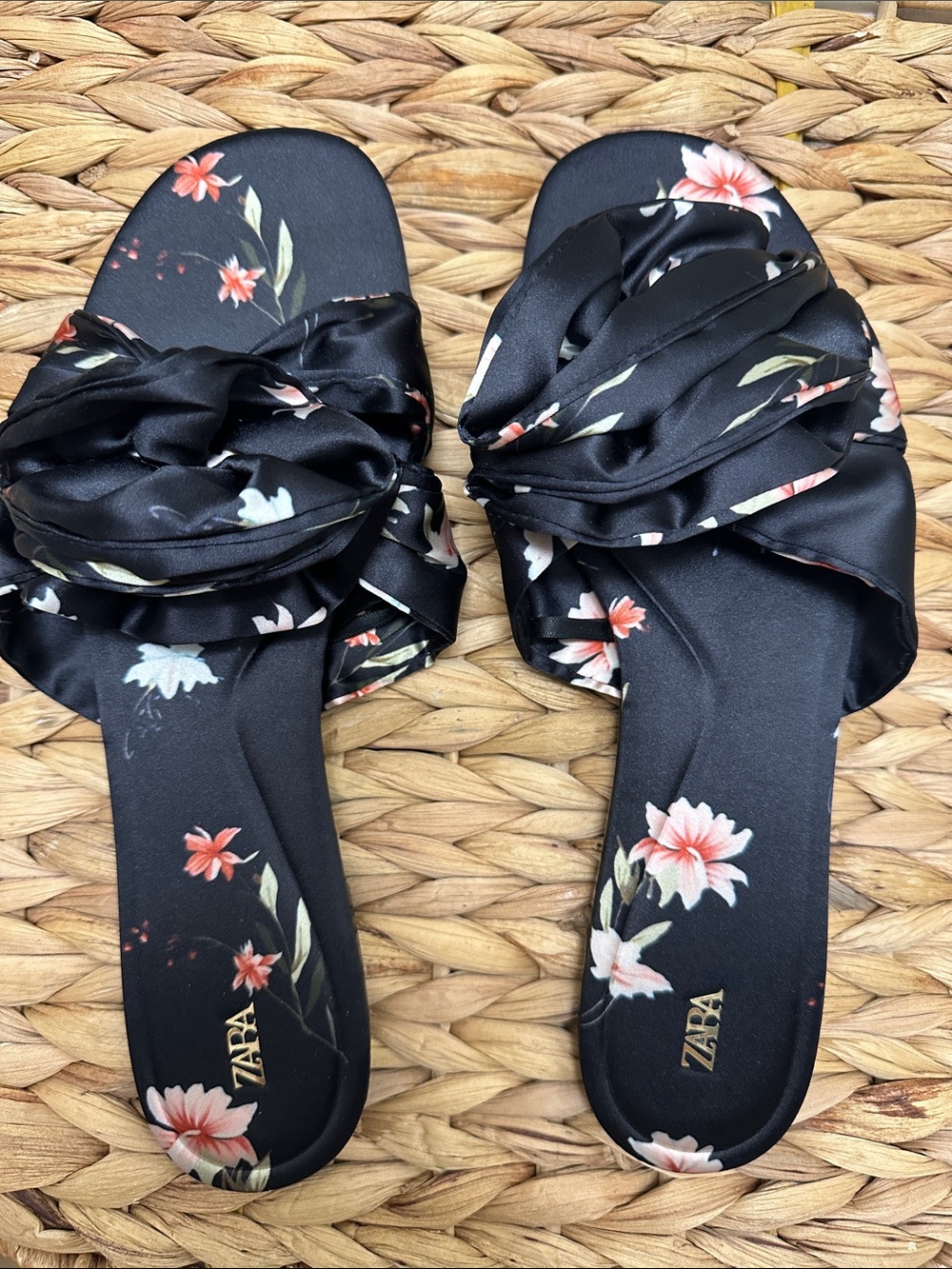 ZARA Black Satin Floral Knot Slide Sandals